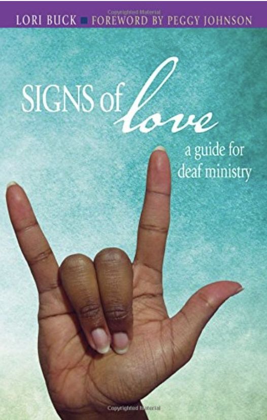 book cover, SIGNS OF LOVE a guide to deaf ministry
a drawing of a white hand forming ILY (I Love YOU) on blue background