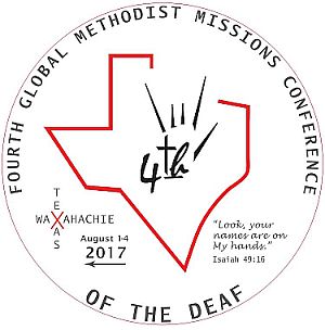 logo of conference, an outer circle with the conference name, inside the circle is an outline map of Texas with 4th inside, on the lower left is a cross of Waxahachie and Texas, in the lower right is a text from Isaiah, Look your names are on my hands.