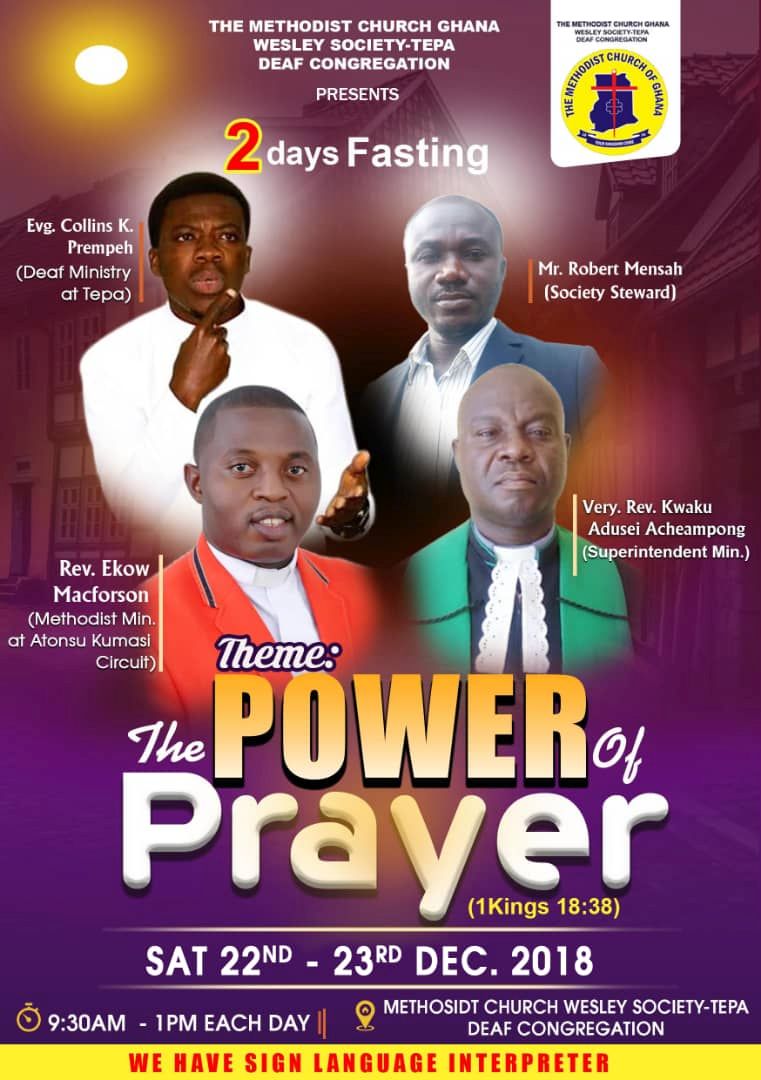 a poster, Methodist Church of Ghana, the Power of Prayer, December 22-23, 2018, four speakers, a note that sign interpreters will be there.